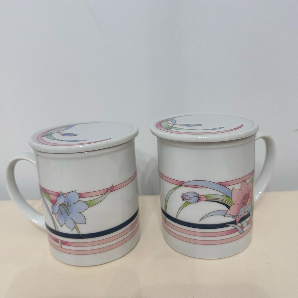 Toscany Collection Vintage Floral Coffee & Tea Cups with Lids – Set of 2